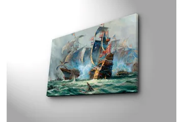 Lerretsbilde med LED-belysning 45x70 cm - Dramatisk sjøslag med seilskip i aksjon - Blå / Grønn / Rød - Interiør - Maleri & posters - Lerretsbilder
