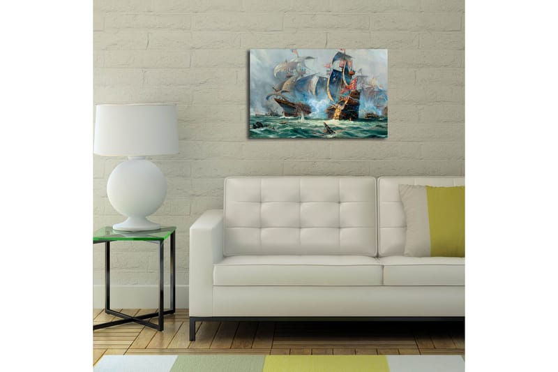 Lerretsbilde med LED-belysning 45x70 cm - Dramatisk sjøslag med seilskip i aksjon - Blå / Grønn / Rød - Interiør - Maleri & posters - Lerretsbilder