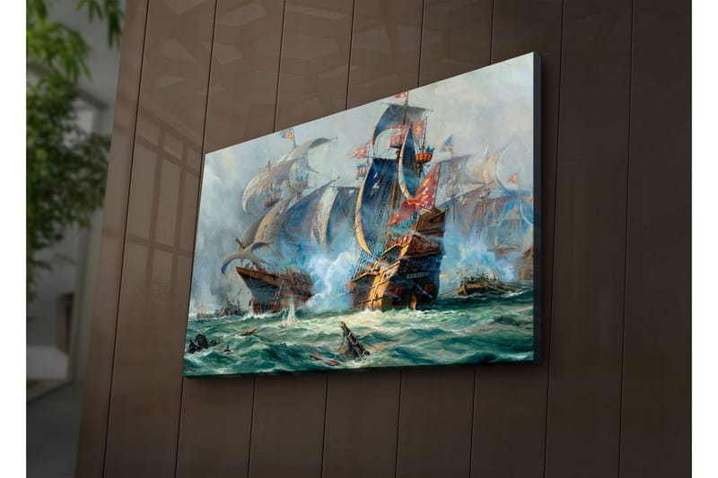 Lerretsbilde med LED-belysning 45x70 cm - Dramatisk sjøslag med seilskip i aksjon - Blå / Grønn / Rød - Interiør - Maleri & posters - Lerretsbilder