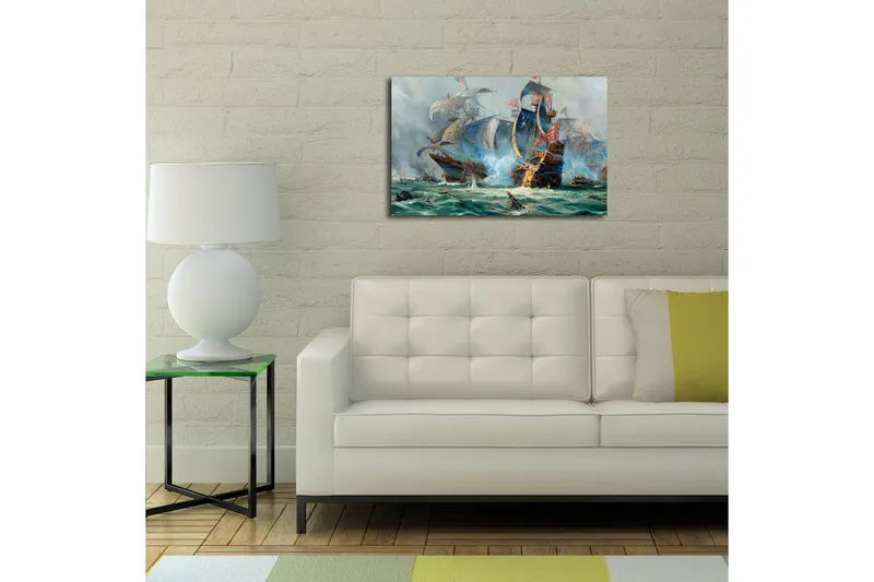 Lerretsbilde med LED-belysning 45x70 cm - Dramatisk sjøslag med seilskip i aksjon - Blå / Grønn / Rød - Interiør - Maleri & posters - Lerretsbilder