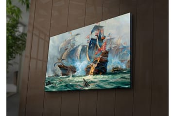Lerretsbilde med LED-belysning 45x70 cm - Dramatisk sjøslag med seilskip i aksjon - Blå / Grønn / Rød - Interiør - Maleri & posters - Lerretsbilder