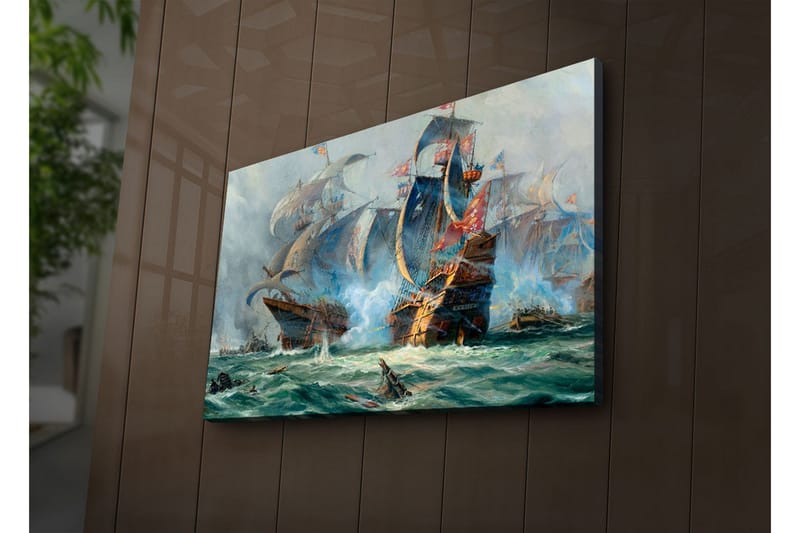 Lerretsbilde med LED-belysning 45x70 cm - Dramatisk sjøslag med seilskip i aksjon - Blå / Grønn / Rød - Interiør - Maleri & posters - Lerretsbilder