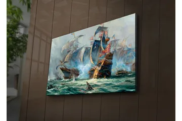 Lerretsbilde med LED-belysning 45x70 cm - Dramatisk sjøslag med seilskip i aksjon - Blå / Grønn / Rød - Interiør - Maleri & posters - Lerretsbilder