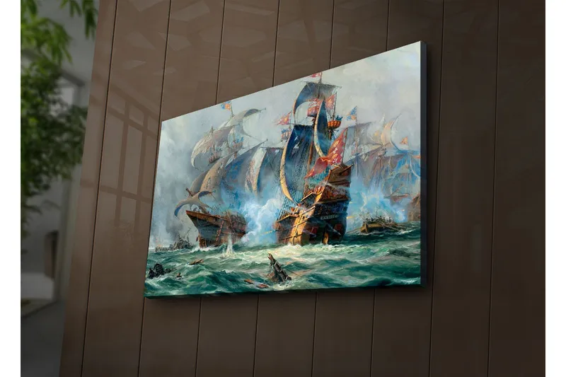 Lerretsbilde med LED-belysning 45x70 cm - Dramatisk sjøslag med seilskip i aksjon - Blå / Grønn / Rød - Interiør - Maleri & posters - Lerretsbilder