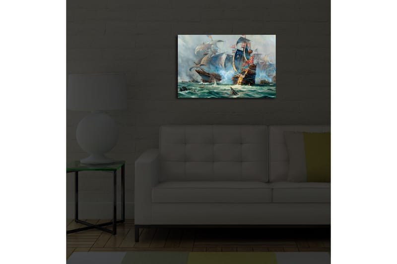 Lerretsbilde med LED-belysning 45x70 cm - Dramatisk sjøslag med seilskip i aksjon - Blå / Grønn / Rød - Interiør - Maleri & posters - Lerretsbilder