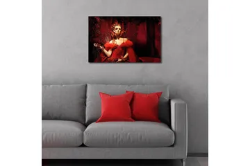 Lerretsbilde med LED-belysning 45x70 cm - Dramatisk portrett av en kvinne i en rød kjole med fjær og glitrende detaljer - Rød / Svart - Interiør - Maleri & posters - Lerretsbilder