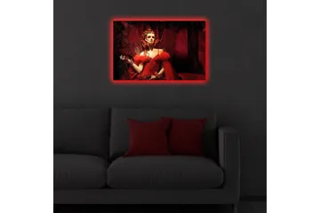 Lerretsbilde med LED-belysning 45x70 cm - Dramatisk portrett av en kvinne i en rød kjole med fjær og glitrende detaljer - Rød / Svart - Interiør - Maleri & posters - Lerretsbilder