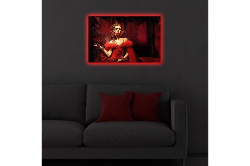 Lerretsbilde med LED-belysning 45x70 cm - Dramatisk portrett av en kvinne i en rød kjole med fjær og glitrende detaljer - Rød / Svart - Interiør - Maleri & posters - Lerretsbilder