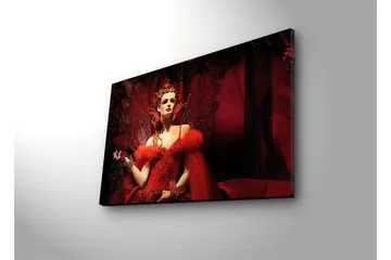 Lerretsbilde med LED-belysning 45x70 cm - Dramatisk portrett av en kvinne i en rød kjole med fjær og glitrende detaljer - Rød / Svart - Interiør - Maleri & posters - Lerretsbilder