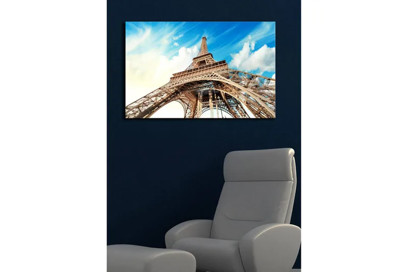 Lerretsbilde med LED-belysning 45x70 cm - Eiffeltårnet sett fra en dramatisk vinkel - Blå / Beige / Hvit - Interiør - Maleri & posters - Lerretsbilder
