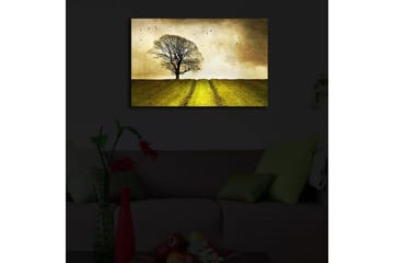 Lerretsbilde med LED-belysning 45x70 cm - Ensom tretopp på en grønn ås under en gyllen himmel - Gull / Grønn / Brun - Interiør - Maleri & posters - Lerretsbilder