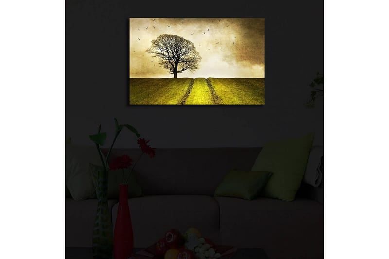 Lerretsbilde med LED-belysning 45x70 cm - Ensom tretopp på en grønn ås under en gyllen himmel - Gull / Grønn / Brun - Interiør - Maleri & posters - Lerretsbilder