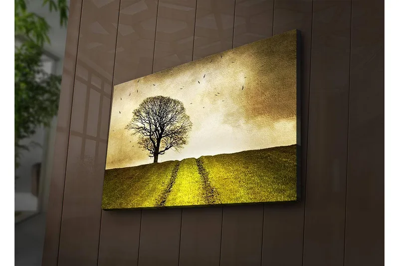 Lerretsbilde med LED-belysning 45x70 cm - Ensom tretopp på en grønn ås under en gyllen himmel - Gull / Grønn / Brun - Interiør - Maleri & posters - Lerretsbilder