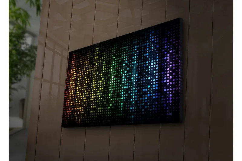 Lerretsbilde med LED-belysning 45x70 cm - Fargerik abstrakt komposisjon med prikker i forskjellige nyanser, Svart / Blå / Grønn