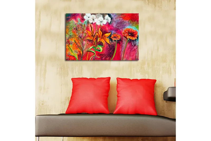 Lerretsbilde med LED-belysning 45x70 cm - Fargerik blomsterbukett i livlige nyanser - Rød / Oransje / Grønn - Interiør - Maleri & posters - Lerretsbilder