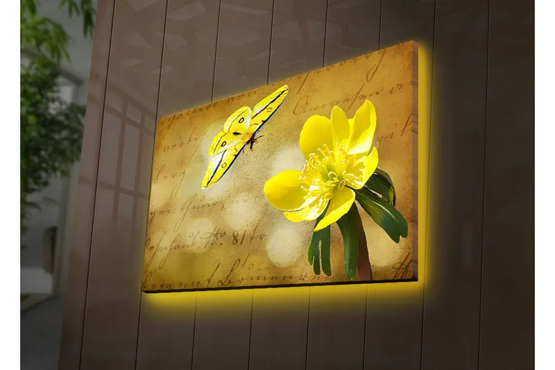 Lerretsbilde med LED-belysning 45x70 cm - Fargerik sommerfugl og blomst på en myk bakgrunn - Gul / Grønn / Beige - Interiør - Maleri & posters - Lerretsbilder