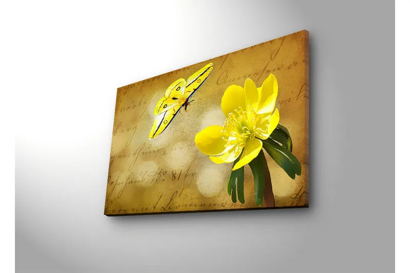 Lerretsbilde med LED-belysning 45x70 cm - Fargerik sommerfugl og blomst på en myk bakgrunn - Gul / Grønn / Beige - Interiør - Maleri & posters - Lerretsbilder
