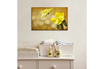 Lerretsbilde med LED-belysning 45x70 cm - Fargerik sommerfugl og blomst på en myk bakgrunn - Gul / Grønn / Beige - Interiør - Maleri & posters - Lerretsbilder