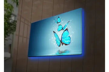 Lerretsbilde med LED-belysning 45x70 cm - Fargerike sommerfugler som svever over en speillignende overflate - Turkis / Blå / Svart - Interiør - Maleri & posters - Lerretsbilder