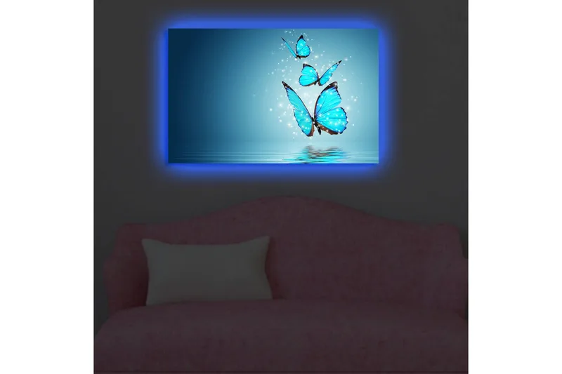 Lerretsbilde med LED-belysning 45x70 cm - Fargerike sommerfugler som svever over en speillignende overflate - Turkis / Blå / Svart - Interiør - Maleri & posters - Lerretsbilder