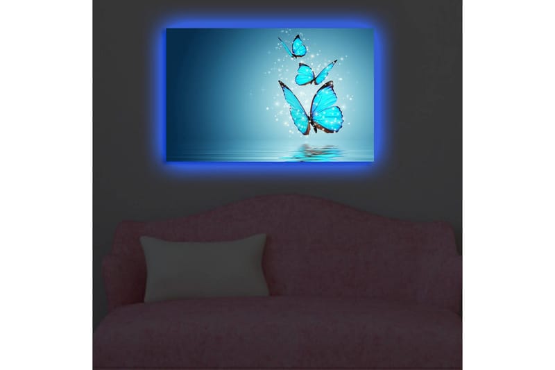 Lerretsbilde med LED-belysning 45x70 cm - Fargerike sommerfugler som svever over en speillignende overflate - Turkis / Blå / Svart - Interiør - Maleri & posters - Lerretsbilder