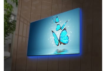 Lerretsbilde med LED-belysning 45x70 cm - Fargerike sommerfugler som svever over en speillignende overflate - Turkis / Blå / Svart - Interiør - Maleri & posters - Lerretsbilder