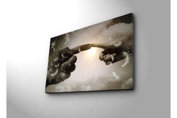 Lerretsbilde med LED-belysning 45x70 cm - Fingre som nesten møtes i et himmelsk miljø - Grå / Hvit / Beige - Interiør - Maleri & posters - Lerretsbilder