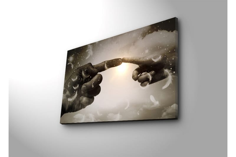 Lerretsbilde med LED-belysning 45x70 cm - Fingre som nesten møtes i et himmelsk miljø - Grå / Hvit / Beige - Interiør - Maleri & posters - Lerretsbilder
