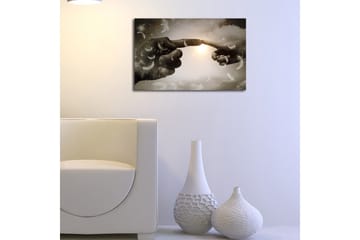 Lerretsbilde med LED-belysning 45x70 cm - Fingre som nesten møtes i et himmelsk miljø - Grå / Hvit / Beige - Interiør - Maleri & posters - Lerretsbilder