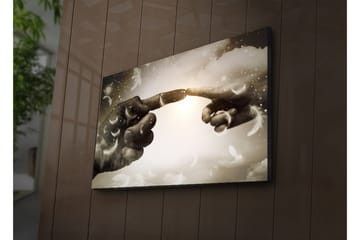 Lerretsbilde med LED-belysning 45x70 cm - Fingre som nesten møtes i et himmelsk miljø - Grå / Hvit / Beige - Interiør - Maleri & posters - Lerretsbilder