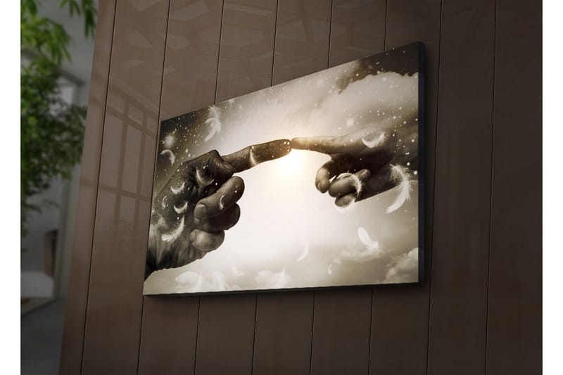 Lerretsbilde med LED-belysning 45x70 cm - Fingre som nesten møtes i et himmelsk miljø - Grå / Hvit / Beige - Interiør - Maleri & posters - Lerretsbilder