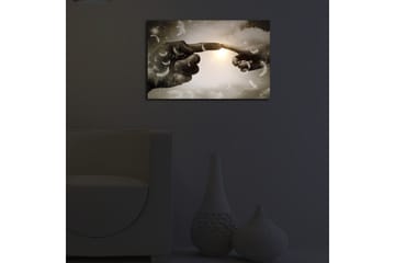 Lerretsbilde med LED-belysning 45x70 cm - Fingre som nesten møtes i et himmelsk miljø - Grå / Hvit / Beige - Interiør - Maleri & posters - Lerretsbilder