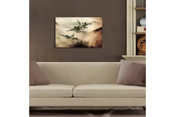 Lerretsbilde med LED-belysning 45x70 cm - Fly som svever over tåkete fjelltopper - Grå / Beige / Mørk grønn - Interiør - Maleri & posters - Lerretsbilder