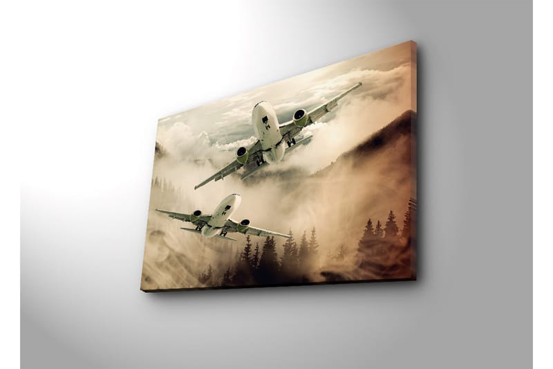 Lerretsbilde med LED-belysning 45x70 cm - Fly som svever over tåkete fjelltopper - Grå / Beige / Mørk grønn - Interiør - Maleri & posters - Lerretsbilder