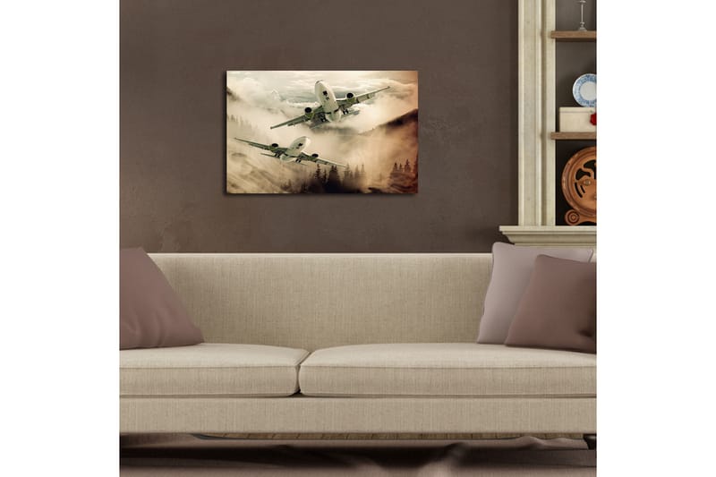Lerretsbilde med LED-belysning 45x70 cm - Fly som svever over tåkete fjelltopper - Grå / Beige / Mørk grønn - Interiør - Maleri & posters - Lerretsbilder