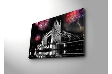 Lerretsbilde med LED-belysning 45x70 cm - Fyrverkeri over Tower Bridge i svart-hvitt - Svart / Rød / Blå - Interiør - Maleri & posters - Lerretsbilder