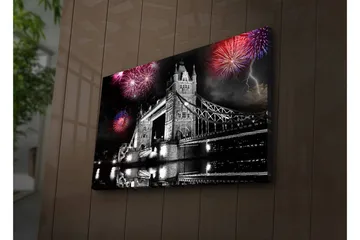 Lerretsbilde med LED-belysning 45x70 cm - Fyrverkeri over Tower Bridge i svart-hvitt - Svart / Rød / Blå - Interiør - Maleri & posters - Lerretsbilder