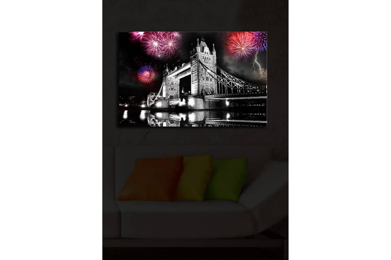 Lerretsbilde med LED-belysning 45x70 cm - Fyrverkeri over Tower Bridge i svart-hvitt - Svart / Rød / Blå - Interiør - Maleri & posters - Lerretsbilder