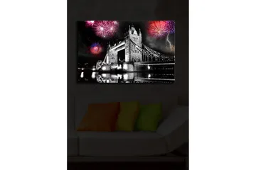 Lerretsbilde med LED-belysning 45x70 cm - Fyrverkeri over Tower Bridge i svart-hvitt - Svart / Rød / Blå - Interiør - Maleri & posters - Lerretsbilder