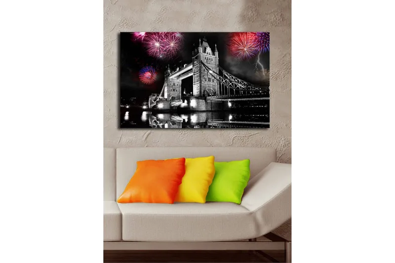 Lerretsbilde med LED-belysning 45x70 cm - Fyrverkeri over Tower Bridge i svart-hvitt - Svart / Rød / Blå - Interiør - Maleri & posters - Lerretsbilder