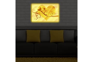 Lerretsbilde med LED-belysning 45x70 cm - Hjerteformet komposisjon med fugler og blomster - Gull / Brun - Interiør - Maleri & posters - Lerretsbilder