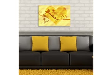 Lerretsbilde med LED-belysning 45x70 cm - Hjerteformet komposisjon med fugler og blomster - Gull / Brun - Interiør - Maleri & posters - Lerretsbilder