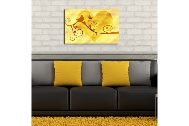 Lerretsbilde med LED-belysning 45x70 cm - Hjerteformet komposisjon med fugler og blomster - Gull / Brun - Interiør - Maleri & posters - Lerretsbilder