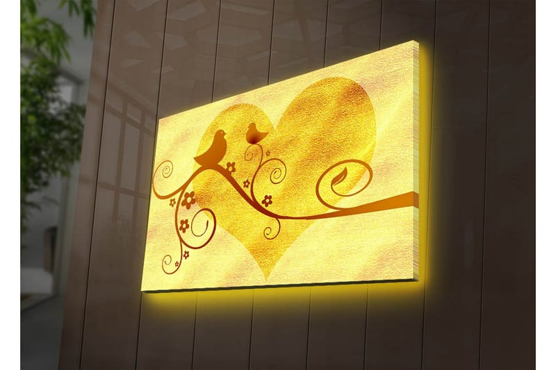 Lerretsbilde med LED-belysning 45x70 cm - Hjerteformet komposisjon med fugler og blomster - Gull / Brun - Interiør - Maleri & posters - Lerretsbilder