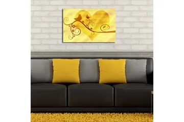 Lerretsbilde med LED-belysning 45x70 cm - Hjerteformet komposisjon med fugler og blomster - Gull / Brun - Interiør - Maleri & posters - Lerretsbilder