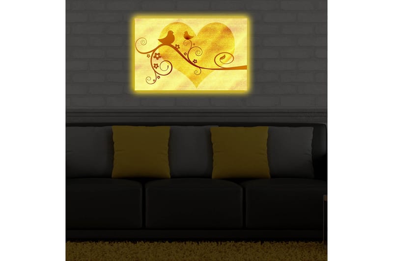 Lerretsbilde med LED-belysning 45x70 cm - Hjerteformet komposisjon med fugler og blomster - Gull / Brun - Interiør - Maleri & posters - Lerretsbilder