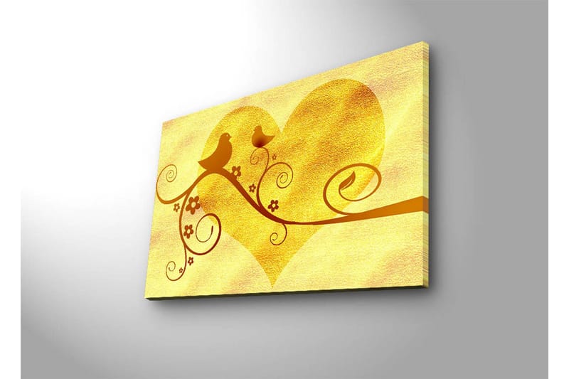 Lerretsbilde med LED-belysning 45x70 cm - Hjerteformet komposisjon med fugler og blomster - Gull / Brun - Interi ør - Maleri & posters - Lerretsbilder