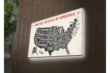 Lerretsbilde med LED-belysning 45x70 cm - Kart over USA med stater i svart-hvitt-bakgrunn - Svart / Hvit / Rød - Interiør - Maleri & posters - Lerretsbilder