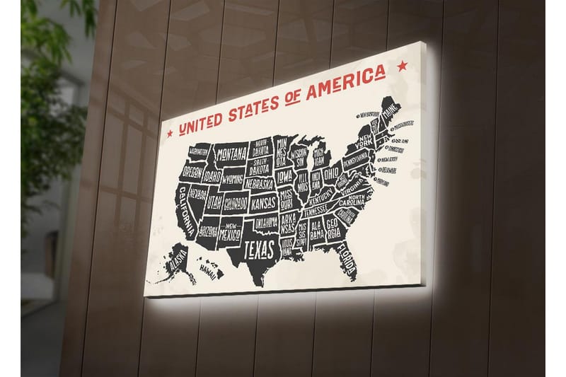 Lerretsbilde med LED-belysning 45x70 cm - Kart over USA med stater i svart-hvitt-bakgrunn - Svart / Hvit / Rød - Interiør - Maleri & posters - Lerretsbilder