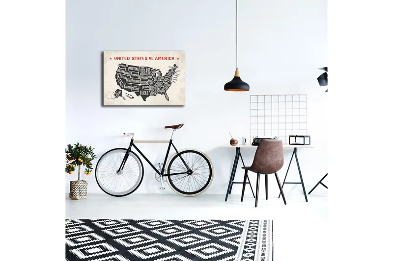 Lerretsbilde med LED-belysning 45x70 cm - Kart over USA med stater i svart-hvitt-bakgrunn - Svart / Hvit / Rød - Interiør - Maleri & posters - Lerretsbilder